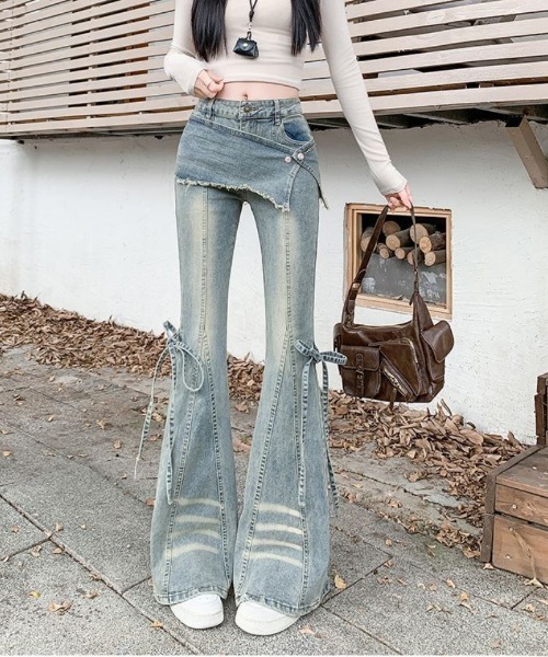 おしゃれスタ(オシャレスタ)の「スカートレイヤード風 フレアデニムパンツ(デニムパンツ・レディース・ブルー・L)」の4枚目の写真