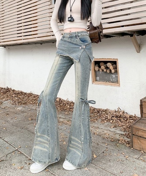 おしゃれスタ(オシャレスタ)の「スカートレイヤード風 フレアデニムパンツ(デニムパンツ・レディース・ブルー・L)」の5枚目の写真