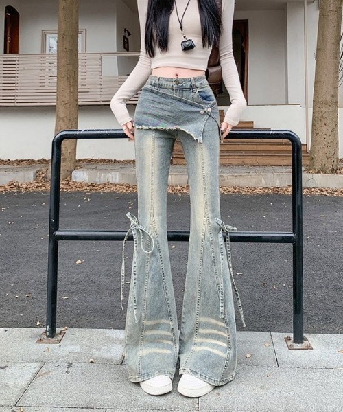 おしゃれスタ(オシャレスタ)の「スカートレイヤード風 フレアデニムパンツ(デニムパンツ・レディース・ブルー・L)」の2枚目の写真