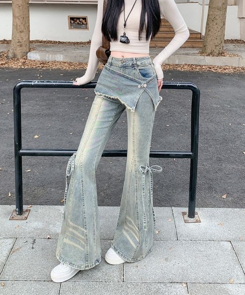おしゃれスタ(オシャレスタ)の「スカートレイヤード風 フレアデニムパンツ(デニムパンツ・レディース・ブルー・L)」の3枚目の写真