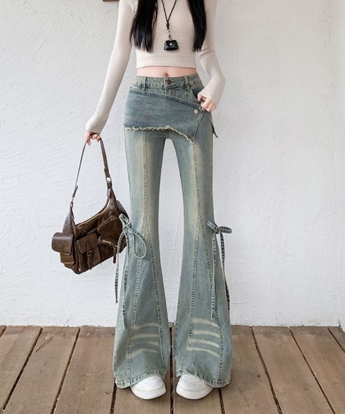 おしゃれスタ(オシャレスタ)の「スカートレイヤード風 フレアデニムパンツ(デニムパンツ・レディース・ブルー・L)」の7枚目の写真