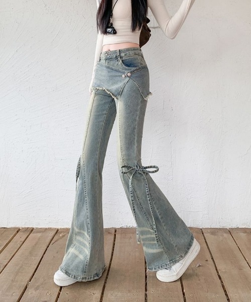 おしゃれスタ(オシャレスタ)の「スカートレイヤード風 フレアデニムパンツ(デニムパンツ・レディース・ブルー・L)」の10枚目の写真