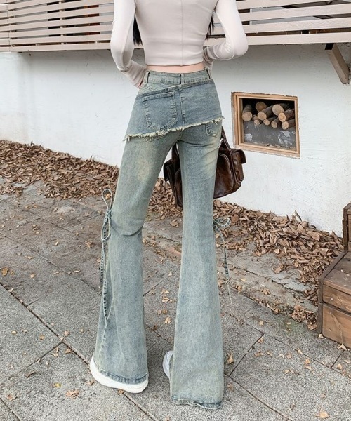 おしゃれスタ(オシャレスタ)の「スカートレイヤード風 フレアデニムパンツ(デニムパンツ・レディース・ブルー・L)」の6枚目の写真