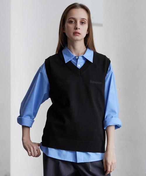 CLEL】Basic Embroidered V-Neck Knit Vest / ベーシック 刺繍Vネック 