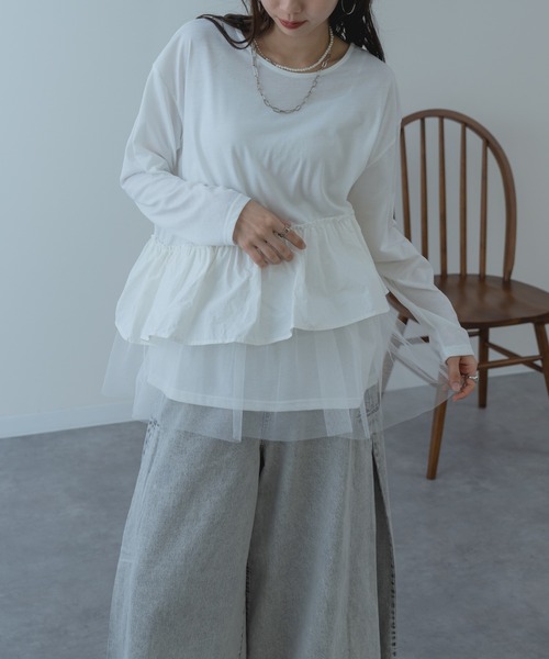 refinedworks（リファインドワークス）の「【refinedworks】チュール × 布帛重ね デザイン プルオーバー ！（Tシャツ/カットソー・レディース・ホワイト/グレー/チャコールグレー・FREE）」の4枚目の写真