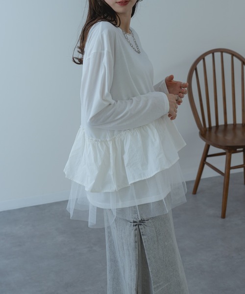 refinedworks（リファインドワークス）の「【refinedworks】チュール × 布帛重ね デザイン プルオーバー ！（Tシャツ/カットソー・レディース・ホワイト/グレー/チャコールグレー・FREE）」の6枚目の写真
