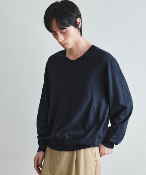 Washboard minimal V-neck knit — NAVY (WC26-KN20)