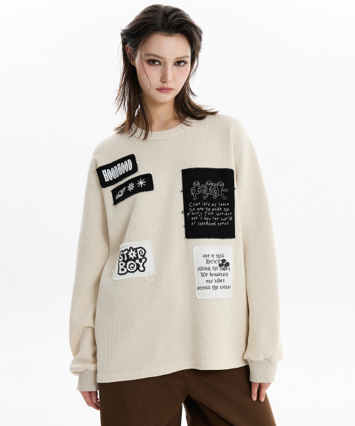 HOODHOOD（フッドフッド）の「パッチワークワッフルロングスリーブTシャツアイボリー（Tシャツ/カットソー・レディース・その他・1/2）」の2枚目の写真