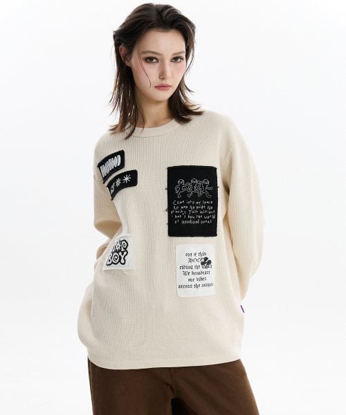 HOODHOOD（フッドフッド）の「パッチワークワッフルロングスリーブTシャツアイボリー（Tシャツ/カットソー・レディース・その他・1/2）」の3枚目の写真