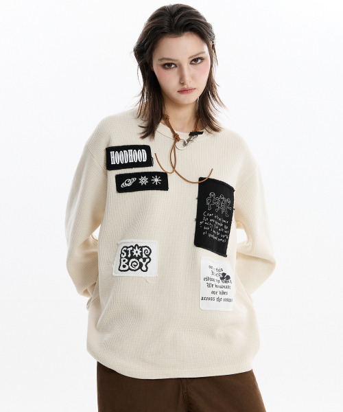 HOODHOOD（フッドフッド）の「パッチワークワッフルロングスリーブTシャツアイボリー（Tシャツ/カットソー・レディース・その他・1/2）」の4枚目の写真