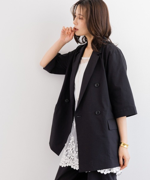 BARNYARDSTORM（バンヤードストーム）の「BARNYARDSTORM / リネンストレッチハーフスリーブジャケット＜セットアップ対応＞（テーラードジャケット・レディース・ブラック/ベージュ・S/M）」の5枚目の写真