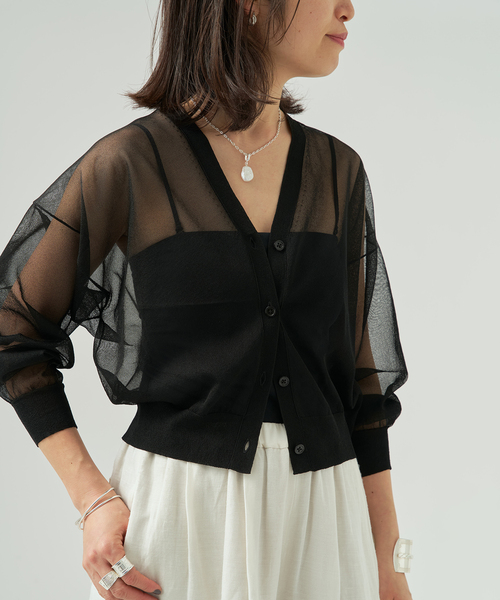 VERMEIL par iena(ヴェルメイユパーイエナ)の「シアーVネックカーディガン(カーディガン/ボレロ・レディース・ブラック/チャコールグレー/ライトグリーン・FREE)」の1枚目の写真