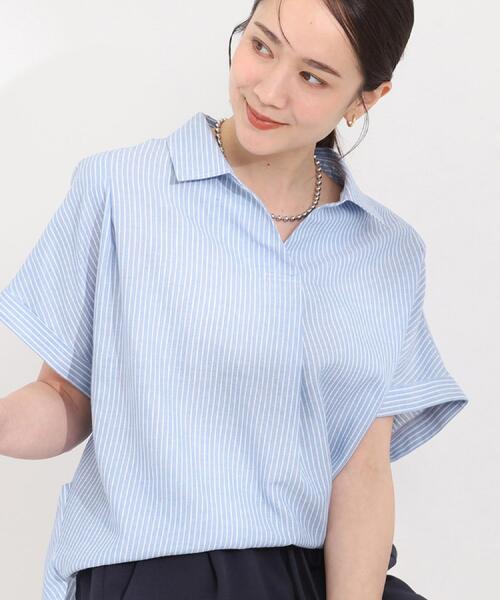 SHOO・LA・RUE（シューラルー）の「【ひんやり/UV】インせず着られる フレンチリネンスキッパーシャツ（シャツ/ブラウス・レディース・ネイビー/ピンク系/グリーン系/ホワイト系3/ブルー系7・00）」の6枚目の写真