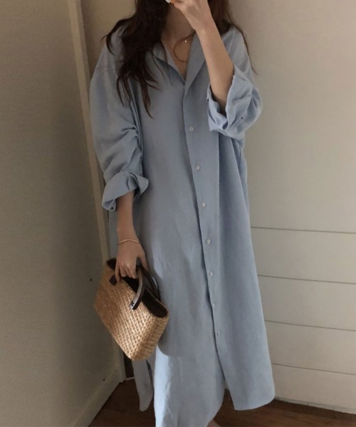 SallyLunn（サリーラン）の「ベーシックロングシャツワンピース（シャツワンピース・レディース・ベージュ/ブルー/ホワイト・LARGE/MEDIUM）」の2枚目の写真