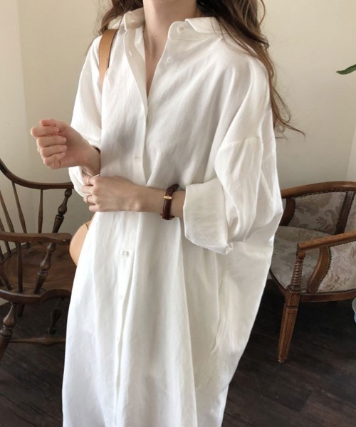 SallyLunn（サリーラン）の「ベーシックロングシャツワンピース（シャツワンピース・レディース・ベージュ/ブルー/ホワイト・LARGE/MEDIUM）」の4枚目の写真