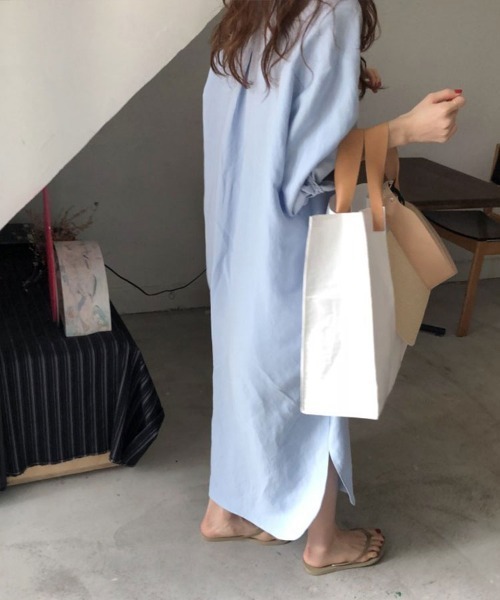 SallyLunn（サリーラン）の「ベーシックロングシャツワンピース（シャツワンピース・レディース・ベージュ/ブルー/ホワイト・LARGE/MEDIUM）」の14枚目の写真