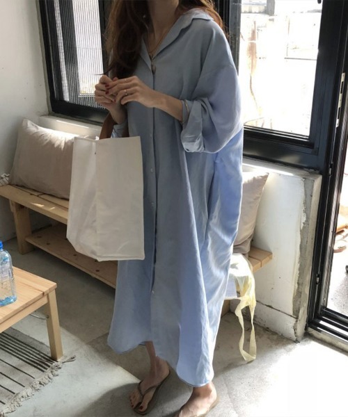 SallyLunn（サリーラン）の「ベーシックロングシャツワンピース（シャツワンピース・レディース・ベージュ/ブルー/ホワイト・LARGE/MEDIUM）」の15枚目の写真