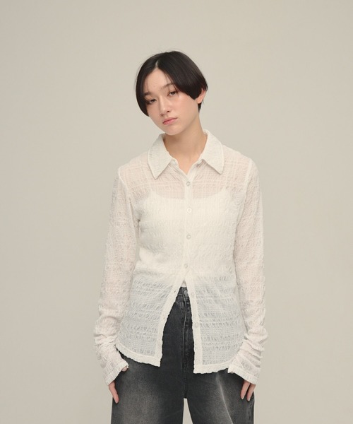eL(エル)の「【eL】Cut Sleek Shirt/668747(シャツ/ブラウス・レディース・ブラック/オフホワイト・FREE)」の1枚目の写真