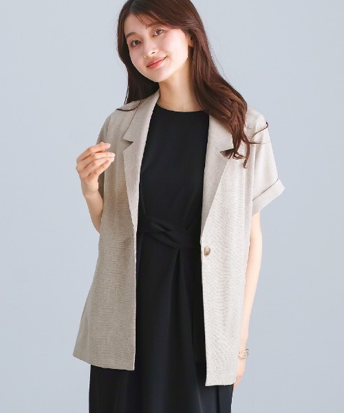 White Collection(ホワイトコレクション)の「【接触冷感・UVカット・速乾・洗える】ライトシャンブレー・フレンチスリーブジャケット(テーラードジャケット・レディース・ネイビー/ベージュ/グレー・L/M)」の3枚目の写真