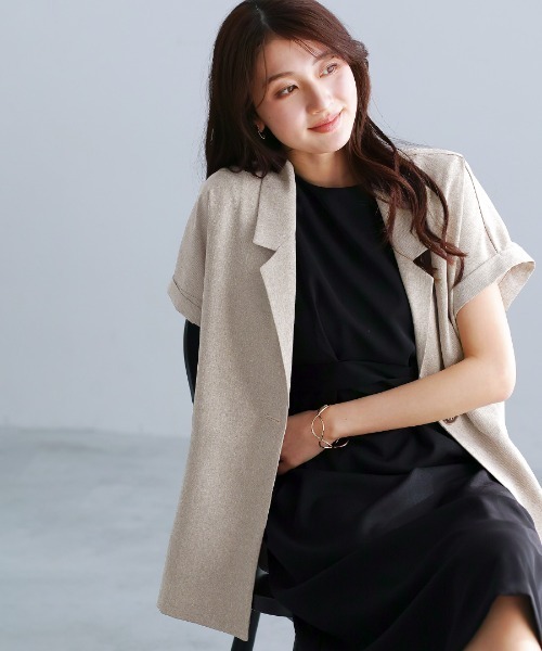 White Collection(ホワイトコレクション)の「【接触冷感・UVカット・速乾・洗える】ライトシャンブレー・フレンチスリーブジャケット(テーラードジャケット・レディース・ネイビー/ベージュ/グレー・L/M)」の8枚目の写真