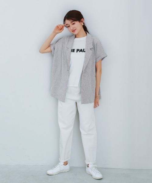 White Collection(ホワイトコレクション)の「【接触冷感・UVカット・速乾・洗える】ライトシャンブレー・フレンチスリーブジャケット(テーラードジャケット・レディース・ネイビー/ベージュ/グレー・L/M)」の12枚目の写真