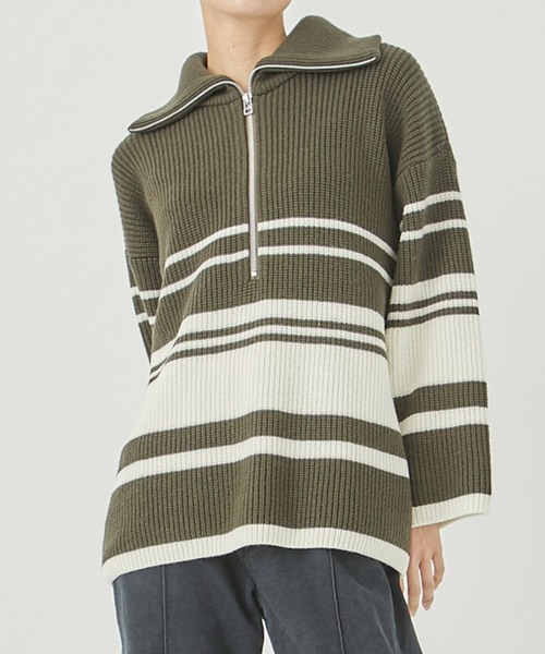 WRAPINKNOT（ラッピンノット）の「[WRAPINKNOT/ラッピンノット]EX.OVERSIZE BORDER KNIT（ニット/セーター・レディース・カーキ/アイボリー・0）」の2枚目の写真
