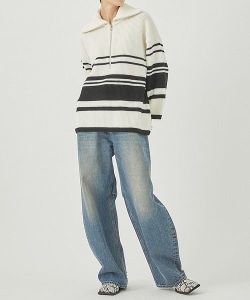 WRAPINKNOT（ラッピンノット）の「[WRAPINKNOT/ラッピンノット]EX.OVERSIZE BORDER KNIT（ニット/セーター・レディース・カーキ/アイボリー・0）」の3枚目の写真