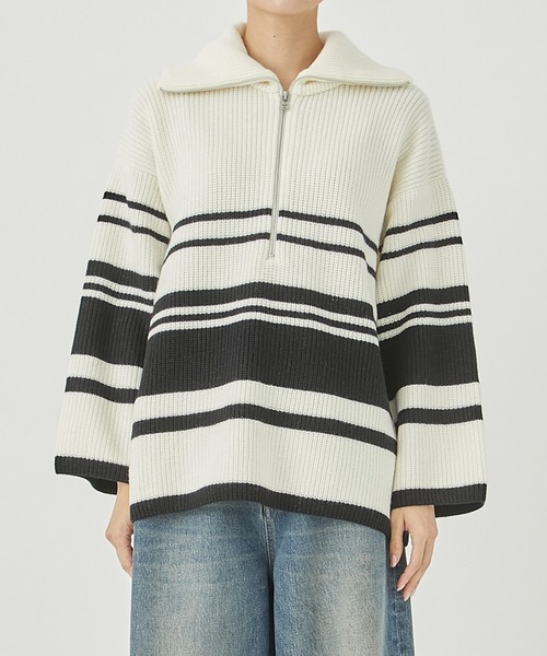 WRAPINKNOT（ラッピンノット）の「[WRAPINKNOT/ラッピンノット]EX.OVERSIZE BORDER KNIT（ニット/セーター・レディース・カーキ/アイボリー・0）」の4枚目の写真