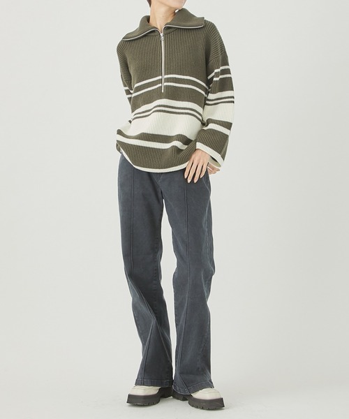 WRAPINKNOT（ラッピンノット）の「[WRAPINKNOT/ラッピンノット]EX.OVERSIZE BORDER KNIT（ニット/セーター・レディース・カーキ/アイボリー・0）」の12枚目の写真