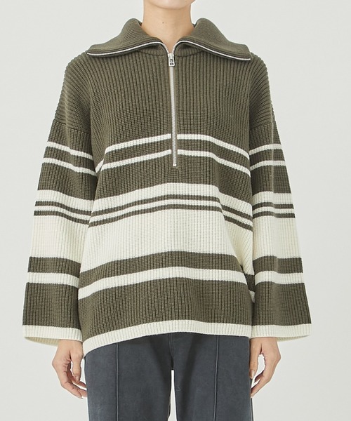WRAPINKNOT（ラッピンノット）の「[WRAPINKNOT/ラッピンノット]EX.OVERSIZE BORDER KNIT（ニット/セーター・レディース・カーキ/アイボリー・0）」の13枚目の写真