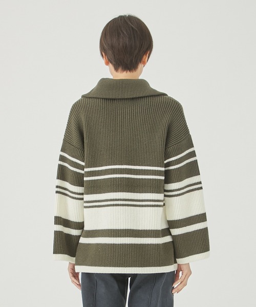WRAPINKNOT（ラッピンノット）の「[WRAPINKNOT/ラッピンノット]EX.OVERSIZE BORDER KNIT（ニット/セーター・レディース・カーキ/アイボリー・0）」の14枚目の写真