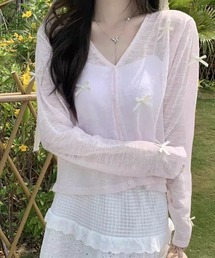 リボン付きVネックシアーカーディガン