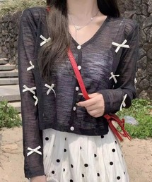 リボン付きVネックシアーカーディガン