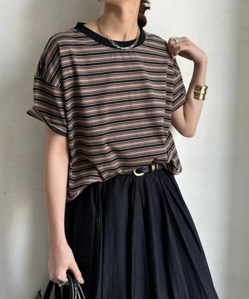 DouDou(ドゥドゥ)の「マルチボーダーTEE(Tシャツ/カットソー・レディース・グレー/モカ・FREE)」の2枚目の写真