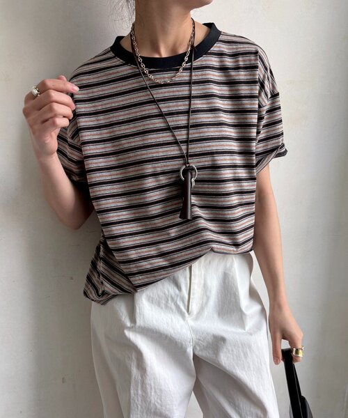 DouDou(ドゥドゥ)の「マルチボーダーTEE(Tシャツ/カットソー・レディース・グレー/モカ・FREE)」の19枚目の写真
