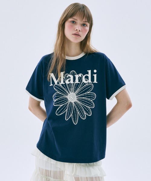 Mardi Mercredi(マルディメクルディ)の「RINGER TSHIRT FLOWERMARDI / リンガー Tシャツ フラワーマルディ(Tシャツ/カットソー・レディース・グレー/ネイビー/アイボリー/ブラック・FREE)」の4枚目の写真