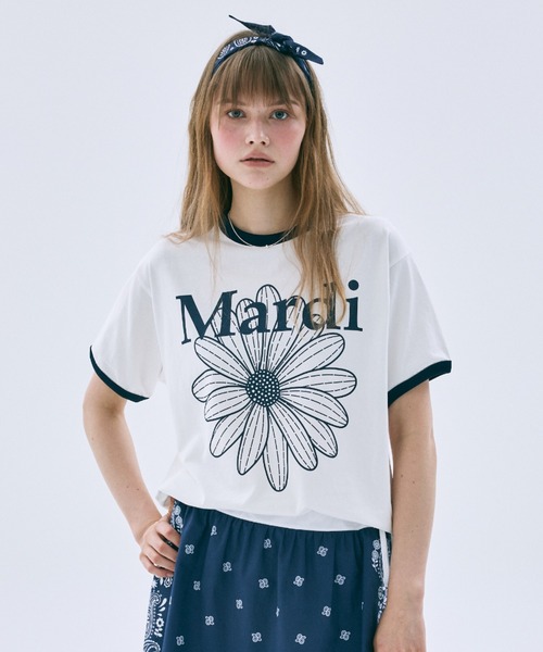 Mardi Mercredi(マルディメクルディ)の「RINGER TSHIRT FLOWERMARDI / リンガー Tシャツ フラワーマルディ(Tシャツ/カットソー・レディース・グレー/ネイビー/アイボリー/ブラック・FREE)」の5枚目の写真