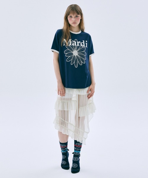 Mardi Mercredi(マルディメクルディ)の「RINGER TSHIRT FLOWERMARDI / リンガー Tシャツ フラワーマルディ(Tシャツ/カットソー・レディース・グレー/ネイビー/アイボリー/ブラック・FREE)」の12枚目の写真