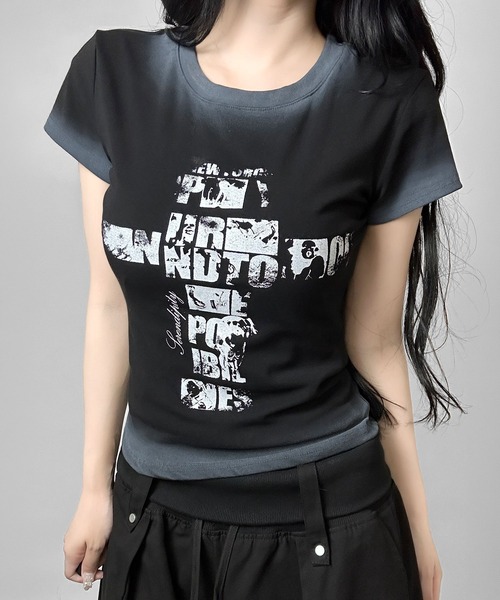 FOLLOWIN(フォロウィン)の「4color/クロスロゴヴィンテージライクTシャツ(Tシャツ/カットソー・レディース・グレー/ブラック/ホワイト/ブルー・FREE)」の16枚目の写真