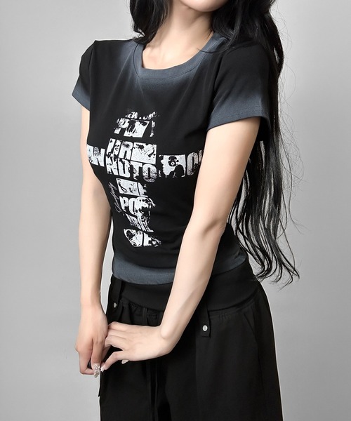 FOLLOWIN(フォロウィン)の「4color/クロスロゴヴィンテージライクTシャツ(Tシャツ/カットソー・レディース・グレー/ブラック/ホワイト/ブルー・FREE)」の17枚目の写真