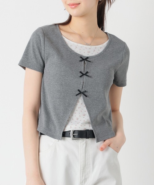 Honeys（ハニーズ）の「リボンレイヤードトップス（Tシャツ/カットソー・レディース・イエロー/ピンク/ブラック/ヘザーチャコール・L/LL/M/S）」の3枚目の写真