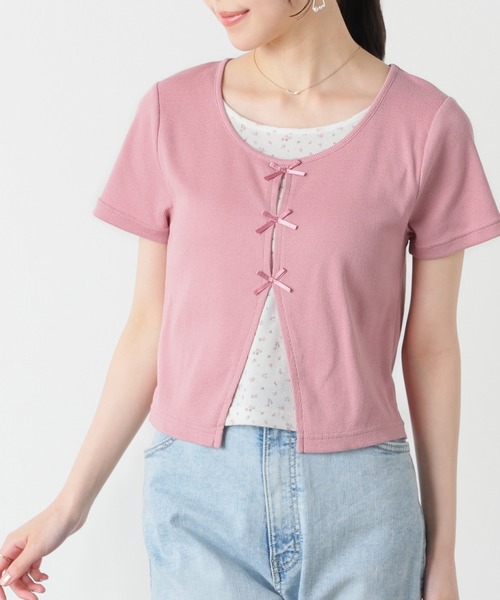 Honeys（ハニーズ）の「リボンレイヤードトップス（Tシャツ/カットソー・レディース・イエロー/ピンク/ブラック/ヘザーチャコール・L/LL/M/S）」の4枚目の写真