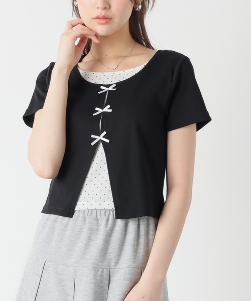 Honeys（ハニーズ）の「リボンレイヤードトップス（Tシャツ/カットソー・レディース・イエロー/ピンク/ブラック/ヘザーチャコール・L/LL/M/S）」の2枚目の写真