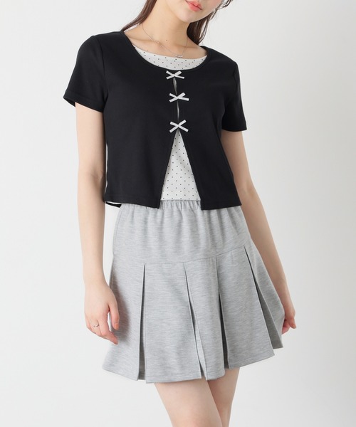 Honeys（ハニーズ）の「リボンレイヤードトップス（Tシャツ/カットソー・レディース・イエロー/ピンク/ブラック/ヘザーチャコール・L/LL/M/S）」の6枚目の写真
