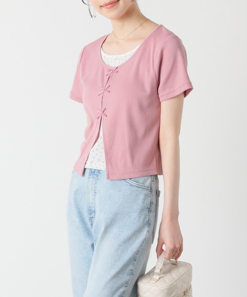 Honeys（ハニーズ）の「リボンレイヤードトップス（Tシャツ/カットソー・レディース・イエロー/ピンク/ブラック/ヘザーチャコール・L/LL/M/S）」の9枚目の写真