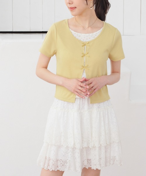 Honeys（ハニーズ）の「リボンレイヤードトップス（Tシャツ/カットソー・レディース・イエロー/ピンク/ブラック/ヘザーチャコール・L/LL/M/S）」の14枚目の写真