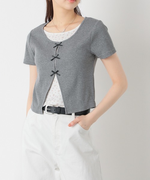 Honeys（ハニーズ）の「リボンレイヤードトップス（Tシャツ/カットソー・レディース・イエロー/ピンク/ブラック/ヘザーチャコール・L/LL/M/S）」の16枚目の写真