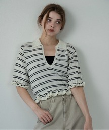 u neck frill border knit tops / uネックフリルボーダーニットトップス