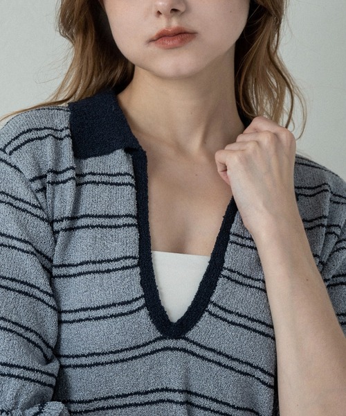 lawgy(ラウジー)の「u neck frill border knit tops / uネックフリルボーダーニットトップス(ニット/セーター・レディース・ホワイト/ブルー系/グレー・FREE)」の22枚目の写真