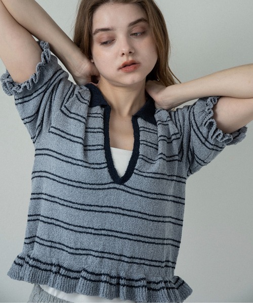 lawgy(ラウジー)の「u neck frill border knit tops / uネックフリルボーダーニットトップス(ニット/セーター・レディース・ホワイト/ブルー系/グレー・FREE)」の19枚目の写真